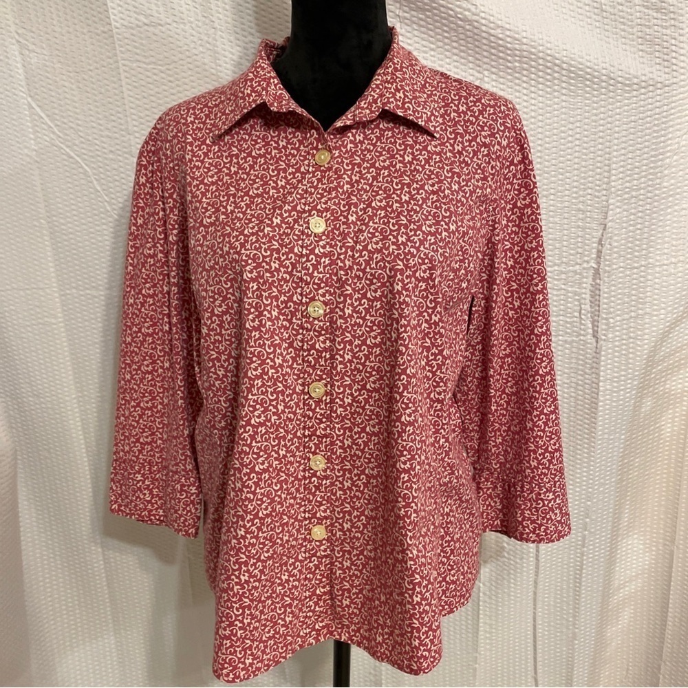 Bass cotton blend red & white print button down 3/4 sleeve blouse size XXL.